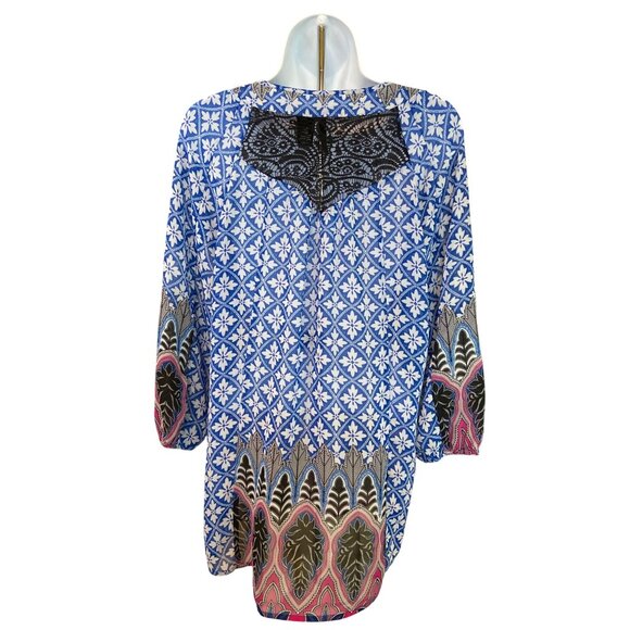 New Directions Womens Sheer Tunic Top XL Floral Blue Pink Lace-Up Boho Lagenlook - Picture 2 of 6